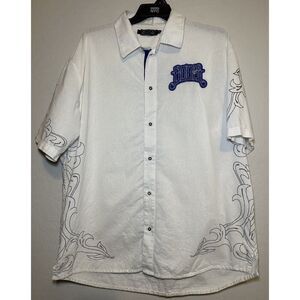 COOGI Button Up Shirt‎ Mens 3XL Blue Embroidered Luxe Ivory Linen Y2K Hawaiian